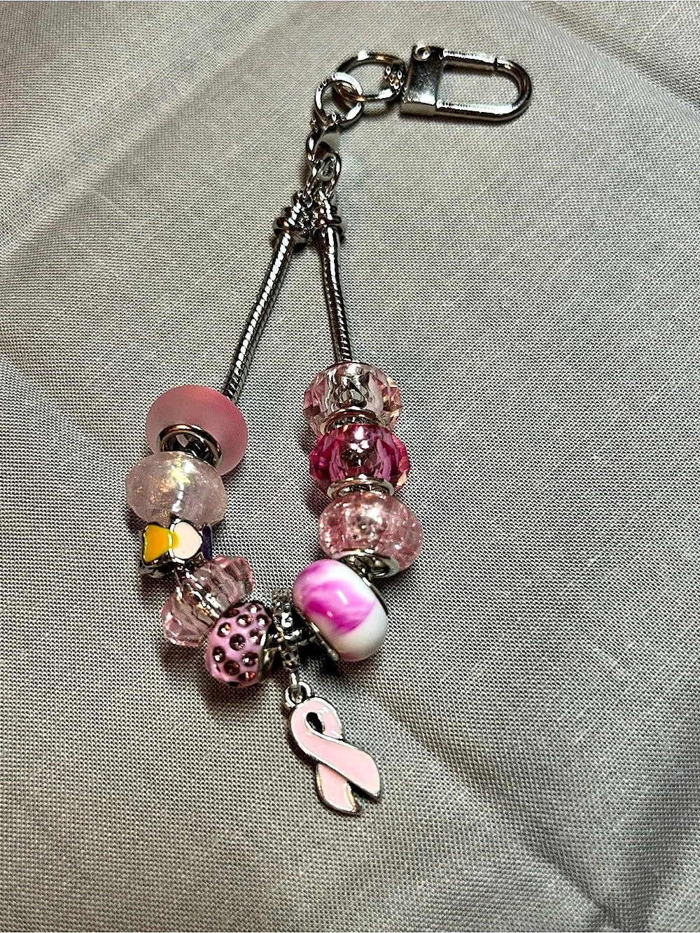 Handcrafted Beaded Pink Ribbon Keychain